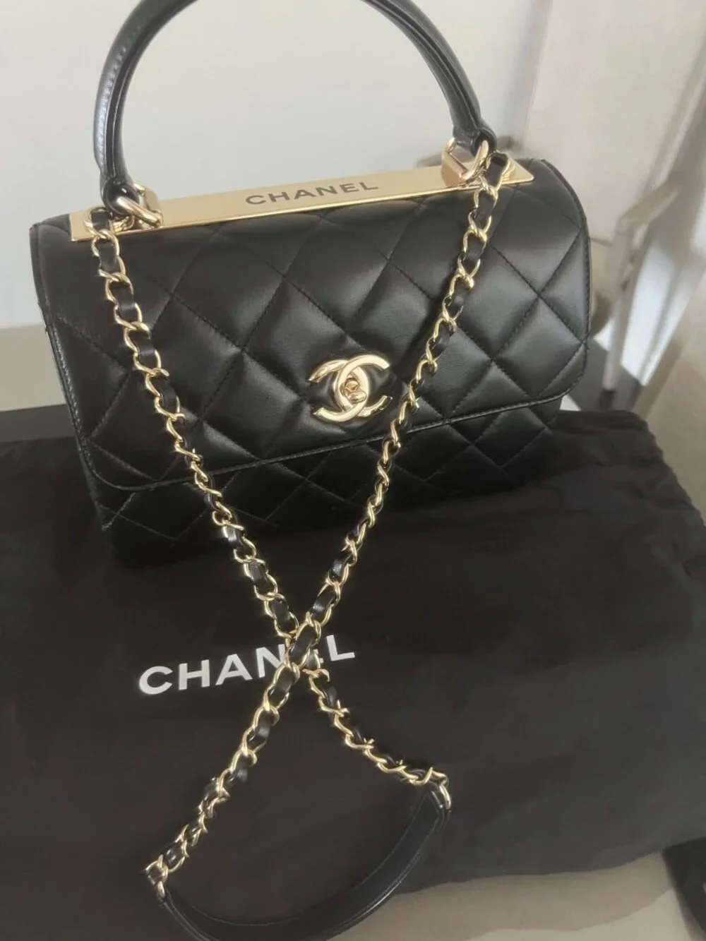 Lambskin Quilted Small Trendy CC Dual Handle Flap Bag Black